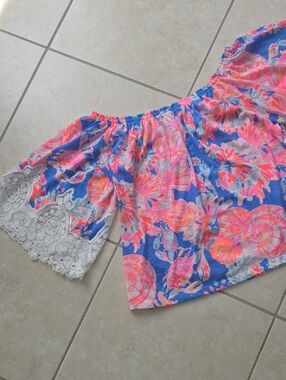 Lilly Pulitzer Blue Floral Off-Shoulder Top with Pink & Coral Accents